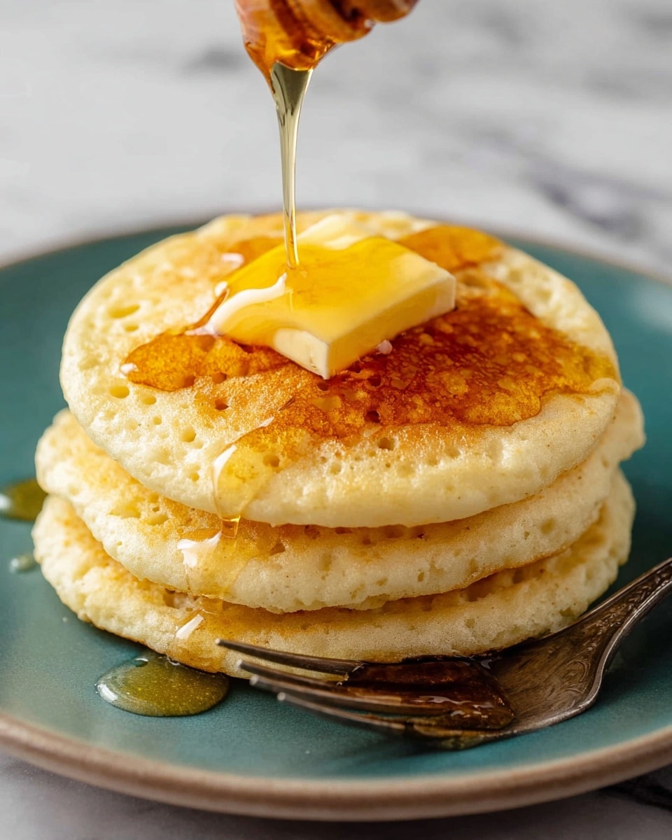 A stack of three light golden pancakes with airy texture and small holes is arranged on a white plate. On top of the stack, a square piece of pale yellow butter is melting as amber-colored syrup is poured over it, slowly dripping down the sides of the pancakes. A vintage silver fork rests partially under the stack on the plate. The background features a white marbled surface. photo taken with an iphone --ar 4:5 --v 7