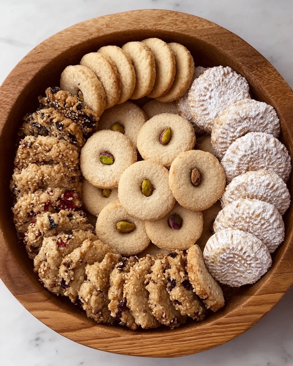 A large round wooden tray holds five types of cookies arranged in curved layers. The outermost layer features flat round sesame seed cookies with a light brown color and visible sesame seeds, forming a uniform line along the tray's edge. Inside this, there’s a layer of chunky, rough-textured, light brown cookies with dark raisins or nuts scattered throughout. Above this is a group of smooth, pale beige cookies, each topped with a single green pistachio nut. Near the top of the tray, slightly overlapping with the pistachio cookies, are round, thick cookies dusted with white powdered sugar, each with a delicate hole in the middle and a ridged, mold-pressed pattern. The top left corner holds more sesame seed cookies stacked closely. The tray is set against a white marbled surface. photo taken with an iphone --ar 4:5 --v 7