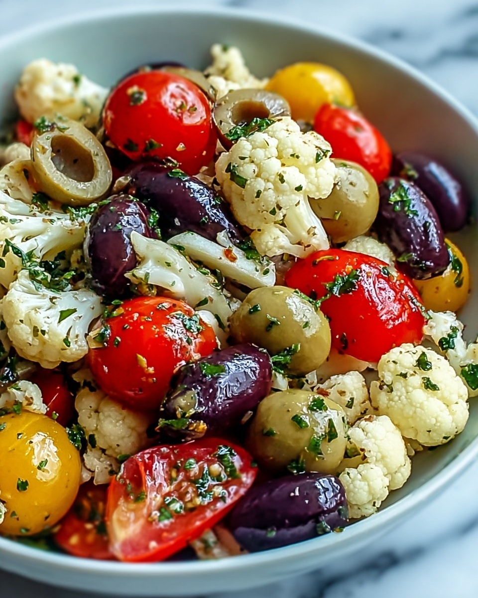A close-up view of a colorful salad served in a white bowl, featuring a mix of small cauliflower florets with a bumpy white texture, whole and halved red and yellow cherry tomatoes with shiny skins, dark purple olives with a smooth and glossy surface, and sliced green olives with hollow centers. The salad is lightly coated with herbs and a glossy dressing that adds a fresh, slightly oily sheen, with scattered small green herb pieces visible throughout. The vibrant colors and varied textures create a fresh and appetizing look, all set against a white marbled texture backdrop. Photo taken with an iphone --ar 4:5 --v 7