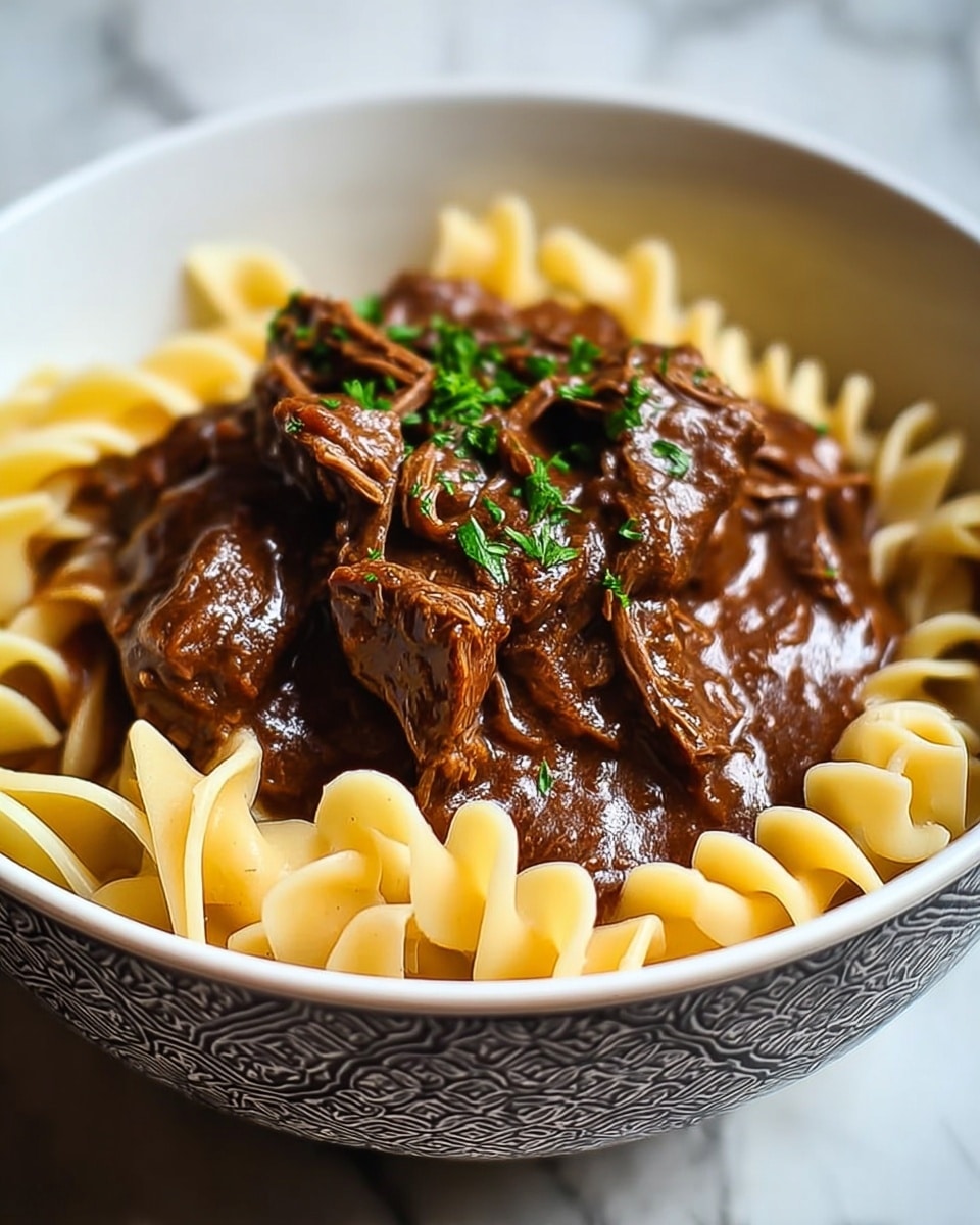 A bowl filled with wide, spiral egg noodles forms the bottom layer, pale yellow and slightly twisted with a soft texture. On top, there is a thick layer of rich, dark brown beef stew with visible chunks of tender meat and shredded pieces, all coated in a glossy, smooth gravy. Small green parsley bits are sprinkled over the beef, adding a touch of fresh color. The bowl is white with a detailed dark pattern around its outer surface, set on a white marbled background. photo taken with an iphone --ar 4:5 --v 7