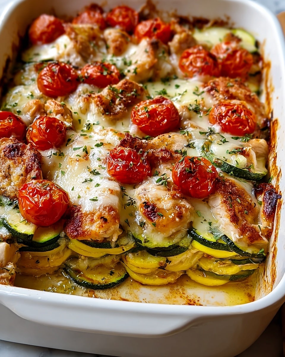 A white rectangular baking dish holds a layered baked dish with about three main layers visible: the bottom layer has cooked light yellow zucchini slices with green edges, the middle layer features golden brown baked chicken pieces with a slightly crispy texture, and the top layer contains roasted cherry tomato halves with a bright red, slightly charred surface. Melted white cheese is draped unevenly over the chicken and zucchini, sprinkled with finely chopped green herbs. The edges of the dish show some baked sauce residue with a golden color, and the dish rests on a white marbled surface. Photo taken with an iphone --ar 4:5 --v 7