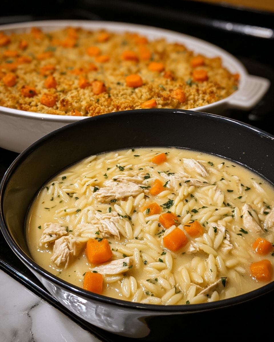 A shallow black bowl filled with creamy chicken and orzo soup, visible layers include tender chunks of light-colored chicken, small bright orange carrot cubes, and short pasta pieces coated in a thick pale yellow broth with small green herb sprinkles. Behind the bowl, a deeper white dish contains a baked casserole topped with browned crumbles and more orange carrot pieces. Both dishes rest on a clean white marbled surface with a black stovetop in the background. Photo taken with an iphone --ar 4:5 --v 7