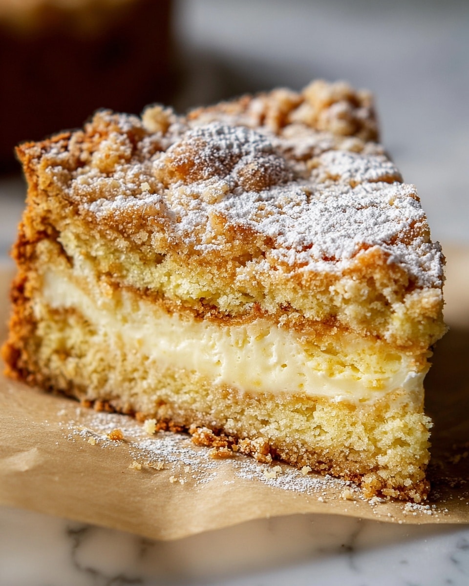 A close-up side view of a single slice of cake resting on parchment paper over a white marbled surface, showing three layers: a golden-brown crumbly outer crust with a textured, slightly rough surface, a creamy light yellow middle layer with a smooth texture and small chunks, and a thin, dense bottom crust with a compact crumb. The top of the cake slice is dusted lightly with powdered sugar, adding a soft white contrast to the warm colors of the cake, with crumbs scattered around the slice. Photo taken with an iphone --ar 4:5 --v 7