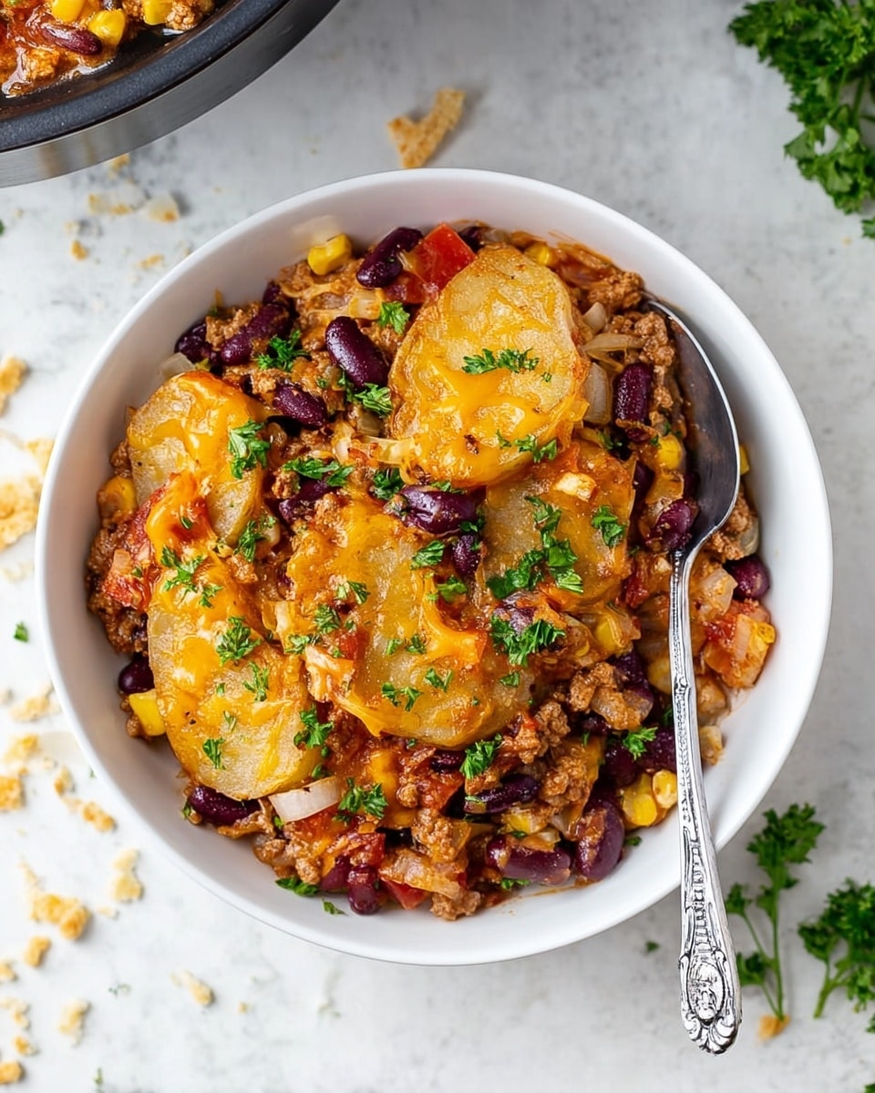 A white bowl filled with a colorful mix of food showing several layers: a base layer of cooked ground meat mixed with small diced onions and celery, scattered with kidney beans that are dark purple-red, yellow corn kernels, and small chunks of tomatoes. On top, there are several round pieces of thinly sliced potatoes, all covered with melted cheddar cheese orange in color, and crumbled light beige crackers or cornbread. The dish is sprinkled with fresh green parsley leaves, adding a pop of color. A silver spoon with an ornate handle rests inside the bowl. The bowl sits on a white marbled surface with small bits of parsley scattered nearby, suggesting a fresh and hearty meal. photo taken with an iphone --ar 4:5 --v 7