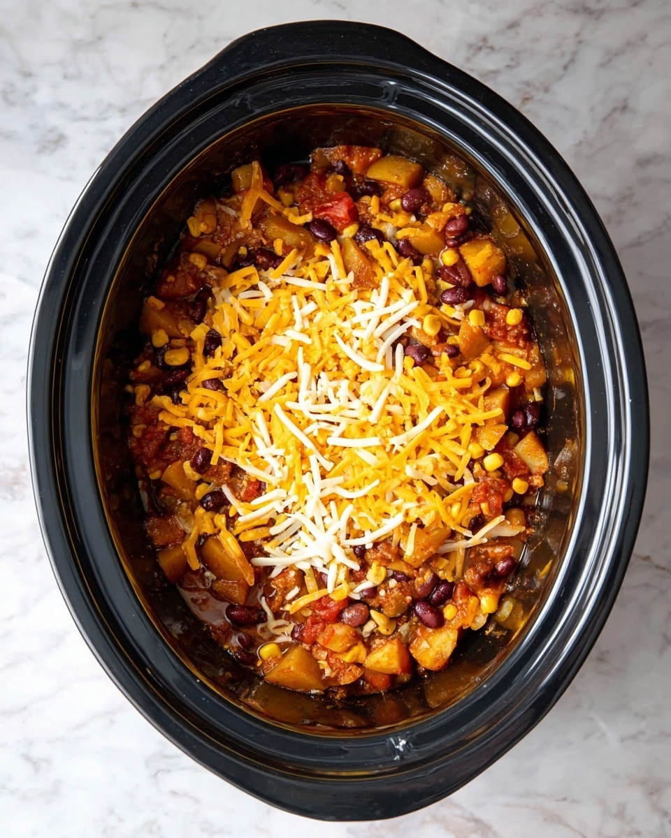 Inside a black slow cooker, there is a layered dish showing a mix of cooked ingredients. The bottom layer has chunky pieces of light brown cooked potatoes mixed with beans, diced tomatoes, and corn, all covered in rich sauce with soft textures. The top layer is scattered with shredded yellow cheddar and white mozzarella cheese, adding a bright and slightly curly texture over the warm mix. The slow cooker sits on a white marbled surface. photo taken with an iphone --ar 4:5 --v 7