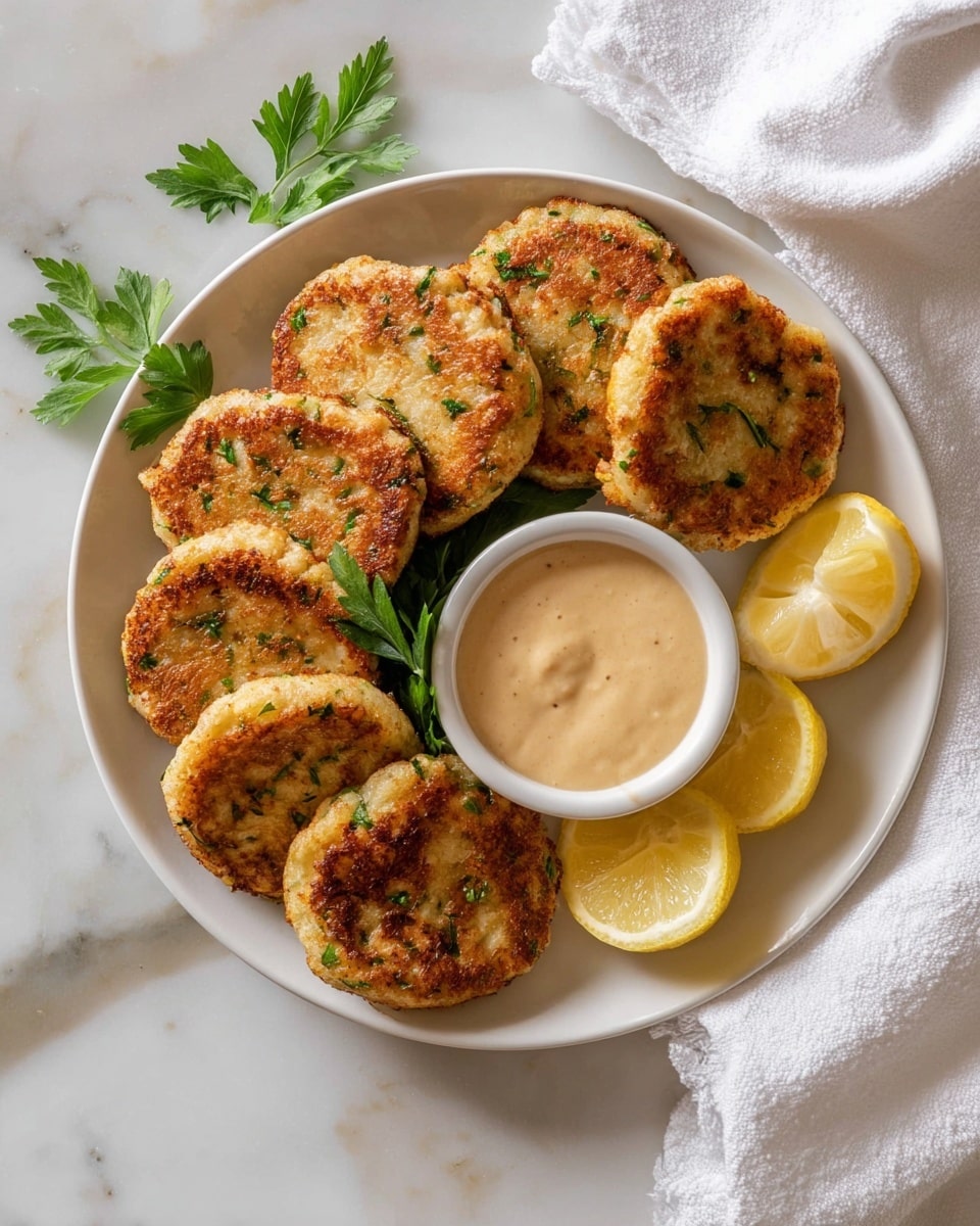 A white plate holds eight round, golden-brown patties arranged in overlapping layers, each patty showing flecks of green herbs within the crispy texture. On the right side of the plate, there are three bright yellow lemon wedges, and a small white bowl filled with creamy beige sauce sits next to the patties. A sprig of fresh green parsley rests at the top center of the plate for garnish. The plate is placed on a white marbled surface, and a white cloth napkin is folded neatly beside it. photo taken with an iphone --ar 4:5 --v 7
