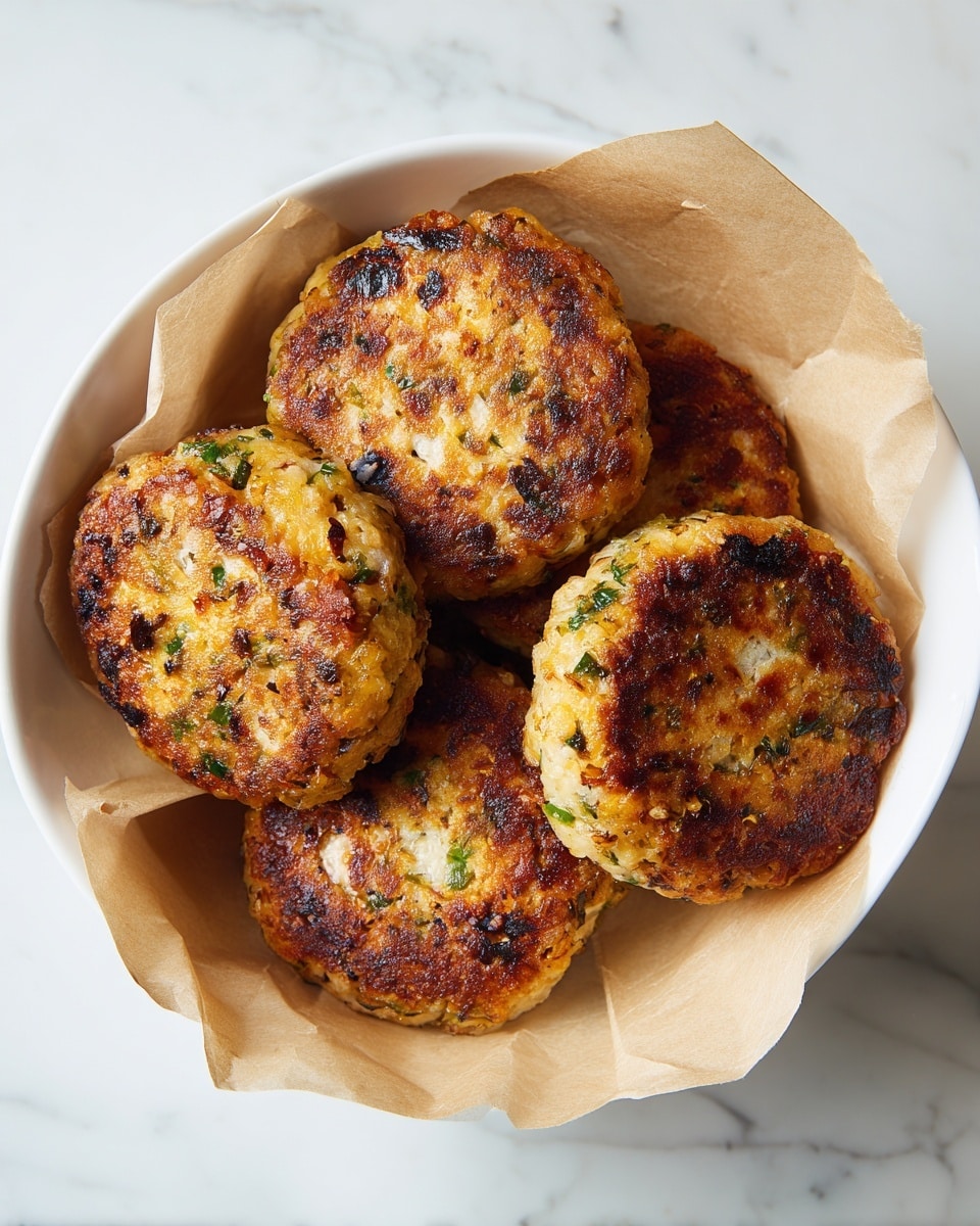 The image shows four golden-brown patties with a slightly crispy texture on the outside, resting closely together in a white bowl lined with light brown parchment paper. Each patty has visible small bits of green herbs and darker browned spots from cooking. The patties are thick and round, with a rough surface and a warm, inviting color. The bowl is placed on a white marble surface that is smooth and clean, creating a simple and fresh look. photo taken with an iphone --ar 4:5 --v 7
