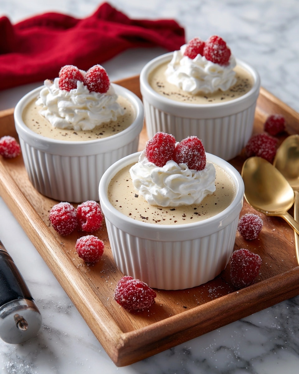The image shows three white ramekins filled with smooth, creamy, light beige pudding. Each ramekin has a dollop of white whipped cream on top, garnished with two sugared red berries. The pudding surfaces are lightly sprinkled with small dark specks, likely vanilla or spice. The ramekins are placed on a white wooden tray with a rustic look, and there are additional sugared berries scattered around them. Two small golden spoons rest on the tray near the ramekins. The background is a white marbled surface with a red cloth partially visible in the corner, and a black handle of a kitchen tool is also in view. photo taken with an iphone --ar 4:5 --v 7
