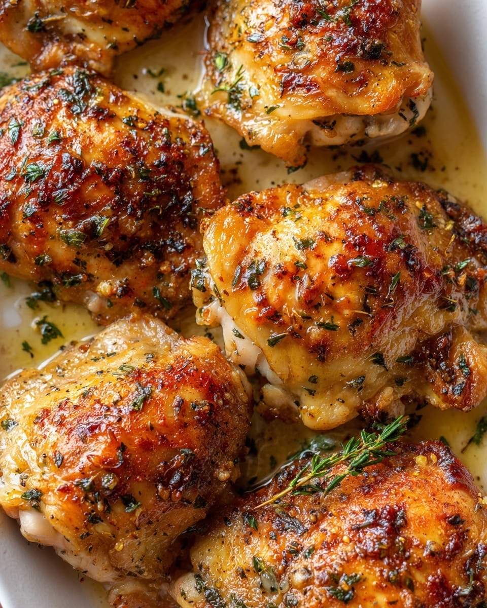 Close-up of several pieces of cooked chicken thighs on a white tray, showing a golden-brown and slightly crispy texture with visible seasoning and small bits of herbs all over. The chicken skin looks tender with some parts browned more deeply, and there is a light coating of juices and oil around the meat. The edges of the tray have some darker, caramelized spots. Photo taken with an iphone --ar 4:5 --v 7