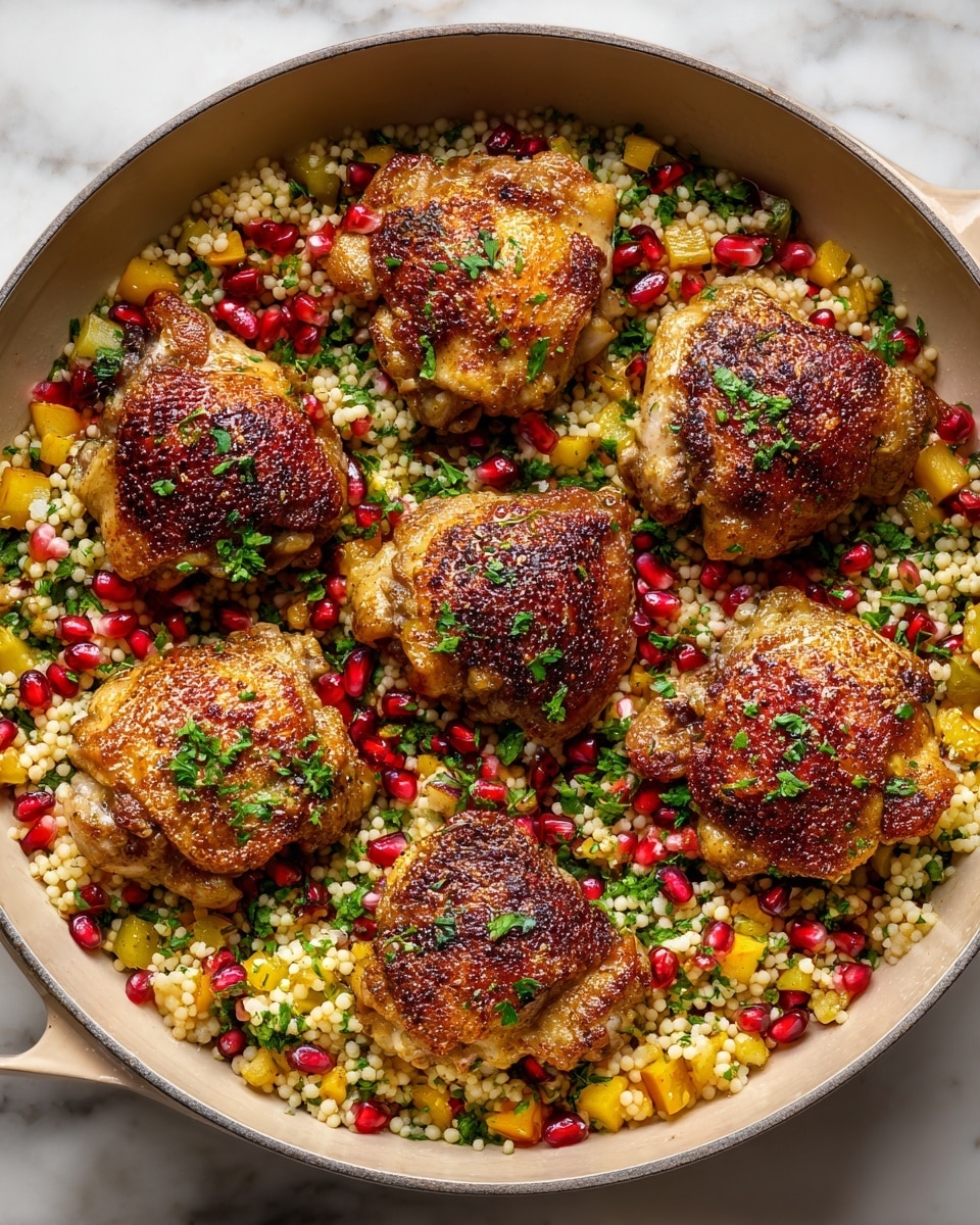 A beige pan filled with six grilled chicken thighs placed over a bed of small, round couscous mixed with diced yellow and green bell peppers, and scattered bright red pomegranate seeds, all garnished with chopped green herbs. The chicken has a golden-brown, slightly crispy texture with visible seasoning. The couscous looks soft with a light coating, and the colorful mix of vegetables and pomegranate seeds adds vibrant contrast. The edges of the pan sit against a white marbled texture surface. photo taken with an iphone --ar 4:5 --v 7