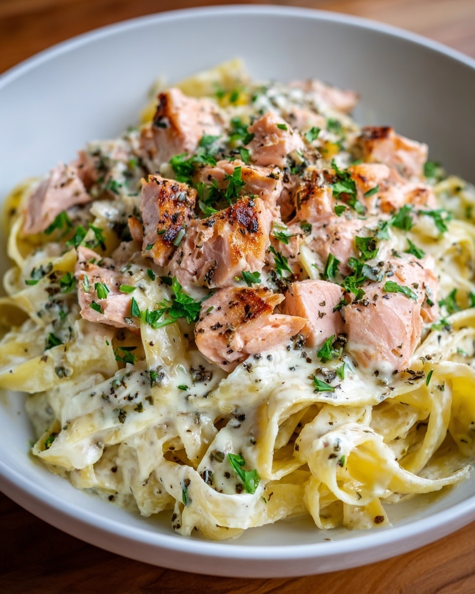 The dish shows a white bowl full of creamy pasta with several layers: the base layer is light yellow fettuccine noodles coated in a rich, smooth white sauce speckled with black pepper and herbs; on top rest pieces of pinkish salmon, slightly charred and flaked into bite-sized chunks, scattered evenly across the pasta; small, bright green parsley leaves add a fresh touch, placed randomly over the salmon and noodles. The bowl sits on a white marbled surface with a soft focus wooden background. photo taken with an iphone --ar 4:5 --v 7