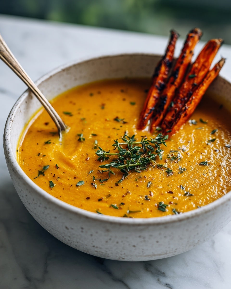 A white speckled bowl filled with thick, creamy orange soup that has small bits of herbs and vegetables visible throughout. Three charred orange roasted vegetable sticks are placed on the right side, partially resting on a spoon submerged in the soup. In the middle, there is a small sprig of fresh green thyme, adding a touch of color contrast. The bowl sits on a white marbled surface with a soft-focus green background behind. photo taken with an iphone --ar 4:5 --v 7