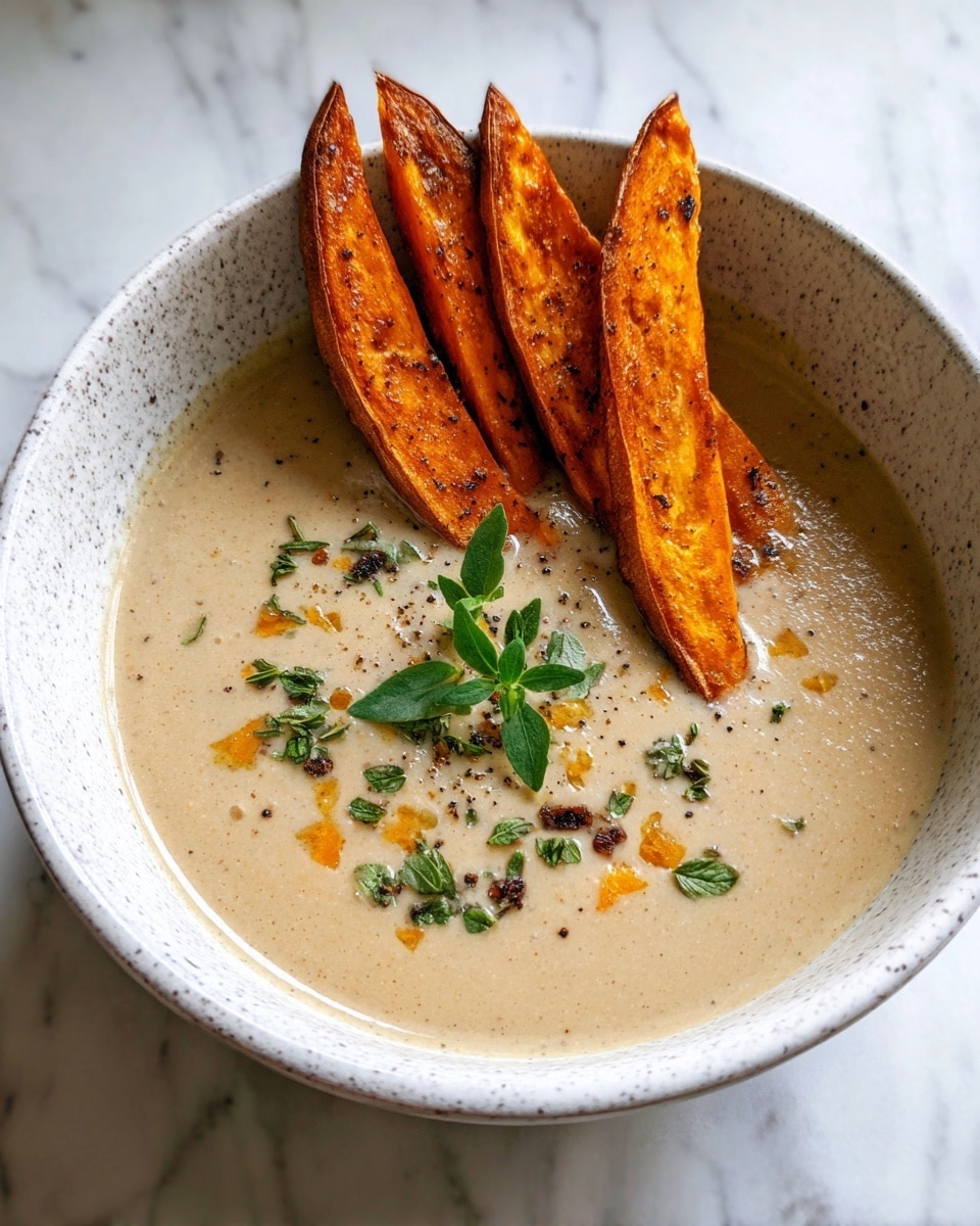 A white speckled bowl filled with creamy, light brown soup with small orange and dark brown bits throughout, topped on one side with four golden-brown roasted sweet potato wedges standing upright, and garnished with two small fresh green herb sprigs lying flat on the soup surface, all set against a white marbled texture background photo taken with an iphone --ar 4:5 --v 7