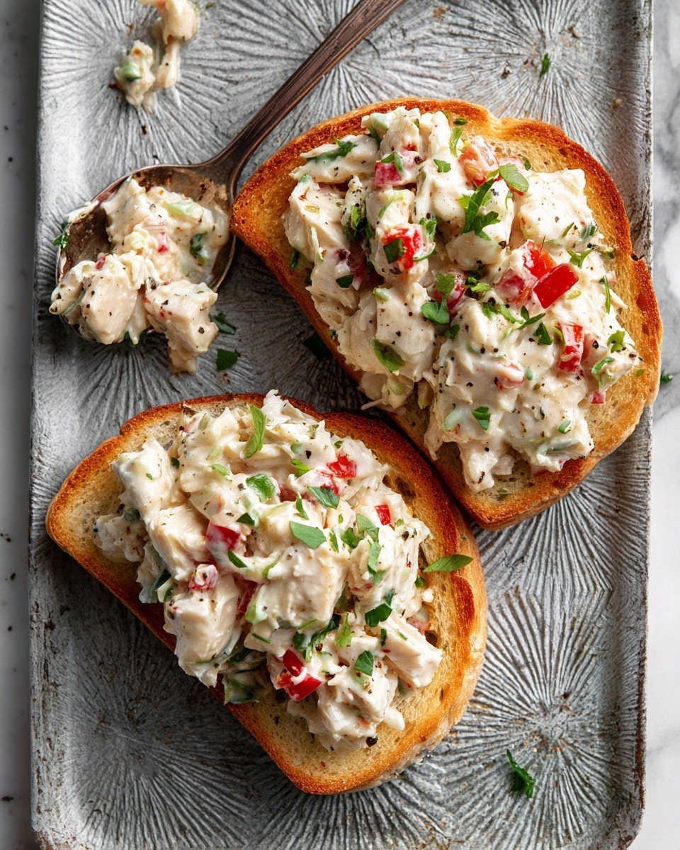 Two slices of toasted white bread lie side by side on a textured gray tray with sunburst patterns. Each toast is topped with a thick layer of creamy chicken salad mixed with small chunks of red bell pepper and finely chopped green herbs, giving a colorful speckled look of red, white, and green throughout the mixture. Small bits of the salad have spilled onto the tray, and a silver spoon rests on the left side of the tray, with some of the same chicken salad on it. The tray is sitting on a white marbled surface. Photo taken with an iphone --ar 4:5 --v 7