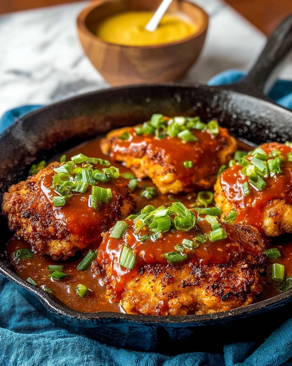 The image shows four pieces of fried chicken in a black cast iron skillet. Each chicken piece is golden brown with crispy edges and covered with a thick layer of reddish-brown sauce. On top of the sauce, bright green chopped scallions are sprinkled evenly, adding a fresh color contrast. The skillet rests on a blue cloth, and in the background, there is a small wooden bowl filled with a yellow creamy sauce with a spoon in it. The whole scene is set on a white marbled surface. photo taken with an iphone --ar 4:5 --v 7