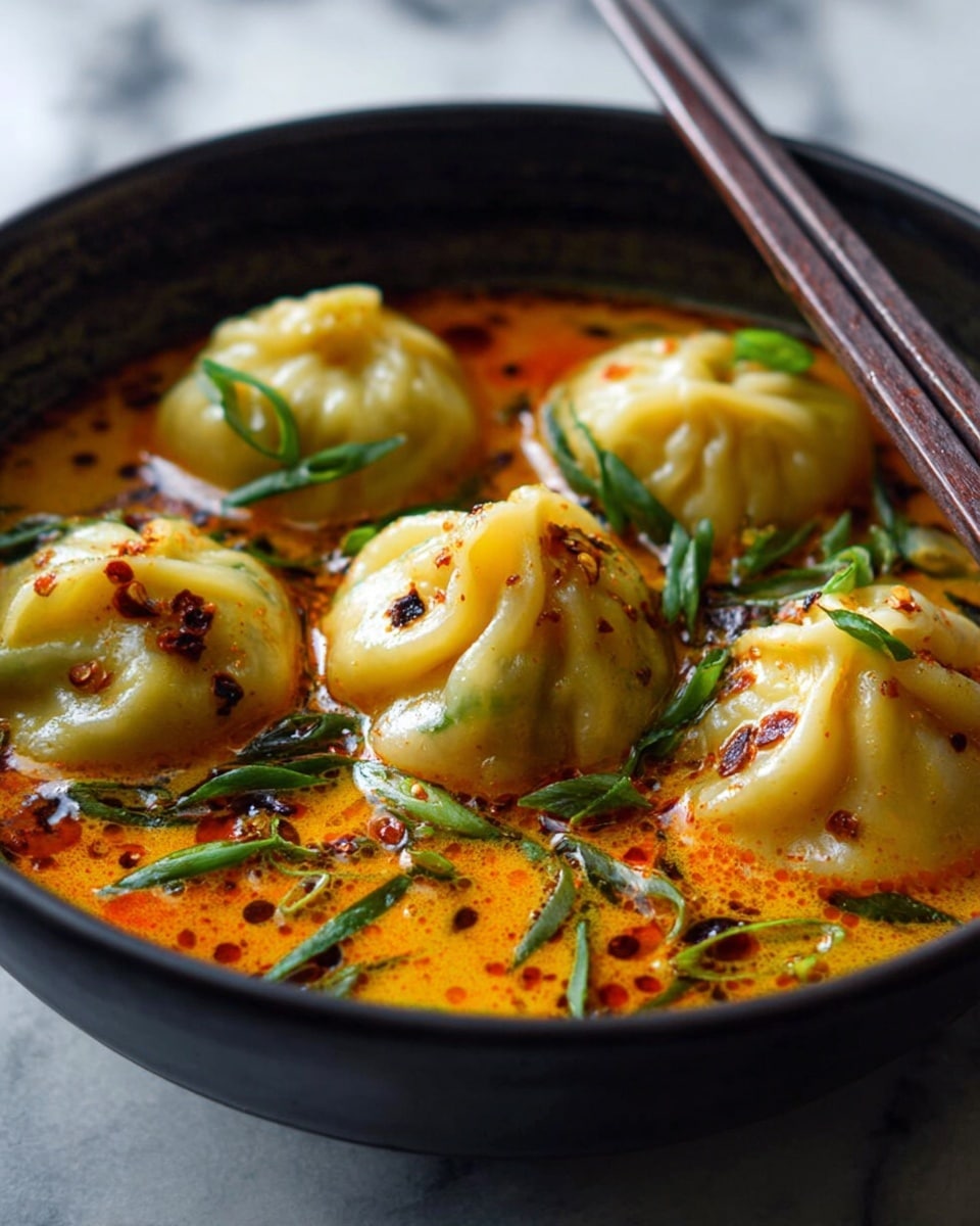 A close view of a black bowl filled with six plump dumplings, each with a smooth, pale yellow skin and slightly folded edges, floating in a rich, orange-red spicy broth. The broth has a creamy texture with visible bits of chili flakes and herbs creating specks of dark red and green throughout. Bright green sliced scallions garnish the dumplings, adding freshness and color contrast. A pair of dark wooden chopsticks rest on the edge of the bowl. The bowl sits on a white marbled surface. photo taken with an iphone --ar 4:5 --v 7
