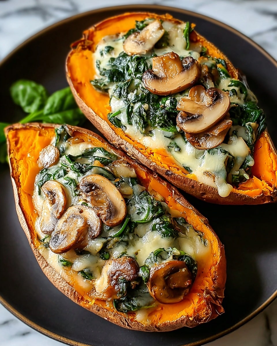 The image shows two baked sweet potato halves on a dark plate, placed on a white marbled surface. Each sweet potato has three visible layers: the bottom layer is the orange, smooth, and slightly soft flesh of the baked sweet potato; the middle layer is a mixture of dark green cooked spinach that looks tender; the top layer is creamy sauce with browned sliced mushrooms, steaming and glistening, adding a shiny texture. The edges of the sweet potatoes have a slightly crispy and blistered skin, giving a rustic look. Photo taken with an iphone --ar 4:5 --v 7