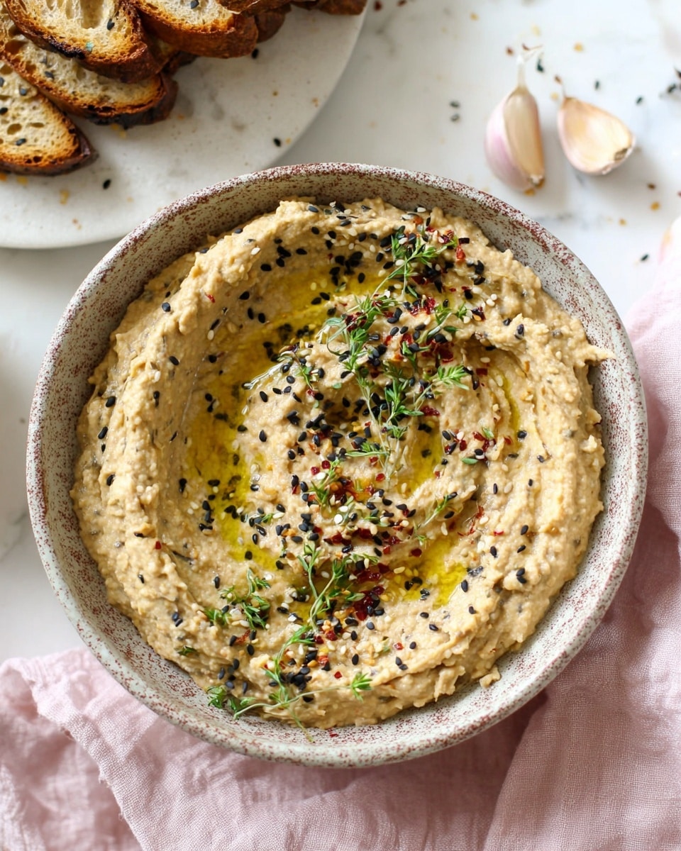 A textured bowl filled with a creamy, light brown spread that has a slightly chunky texture throughout. The spread is topped with drizzles of golden olive oil, scattered black sesame seeds, small green herbs, and a few tiny red chili flakes, adding color contrast across the surface. The bowl sits on a white marbled background with a soft pink cloth partially visible underneath, and part of a white plate holding seeded, toasted bread slices is seen in the upper left corner. Near the bowl are whole garlic cloves and a bulb, enhancing the rustic look. Photo taken with an iphone --ar 4:5 --v 7