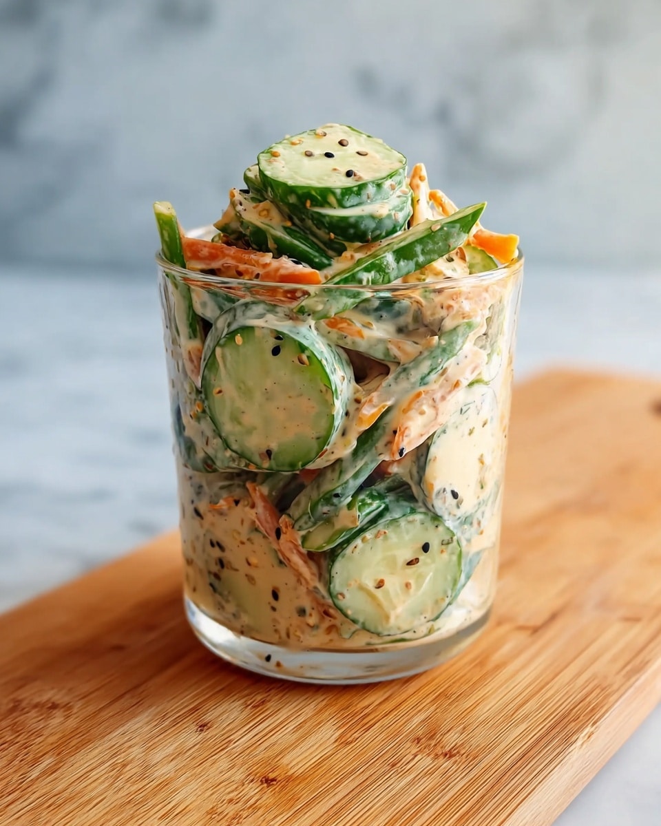 A clear glass is filled with a mixed vegetable salad consisting of thin round cucumber slices with dark edges, long green beans, and thin orange carrot strips, all coated in a creamy light beige dressing with small black sesame seeds scattered throughout. The salad layers are mixed and appear tightly packed, showing the texture of each vegetable and the dressing evenly covering them. The glass sits on a wooden cutting board placed on a white marbled textured surface. photo taken with an iphone --ar 4:5 --v 7