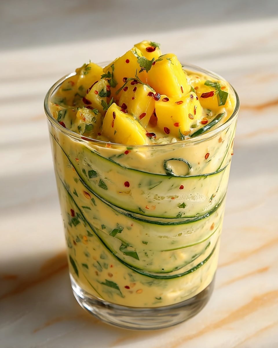 A clear glass filled with a thick creamy mixture containing thin green cucumber slices and larger yellow chunks of what looks like mango, all coated in a pale yellow sauce with specks of red chili flakes and green herbs. The cucumber slices form a layered pattern pressed against the inside of the glass, while the diced mango pieces sit prominently on top. The background is a white marbled texture enhancing the fresh look of the dish. photo taken with an iphone --ar 4:5 --v 7
