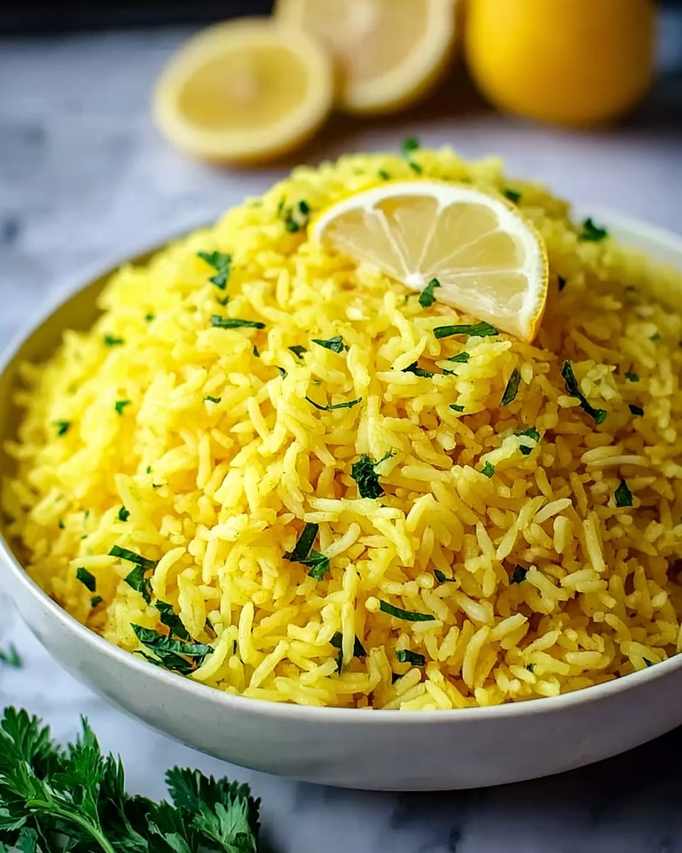 A close-up view of a white shallow bowl filled with a large mound of yellow rice, mixed with small green herb pieces scattered throughout. On top of the rice is a lemon wedge placed in the center. In the background, there are blurred hints of more lemon slices. The bowl is set on a white marbled surface. Photo taken with an iphone --ar 4:5 --v 7