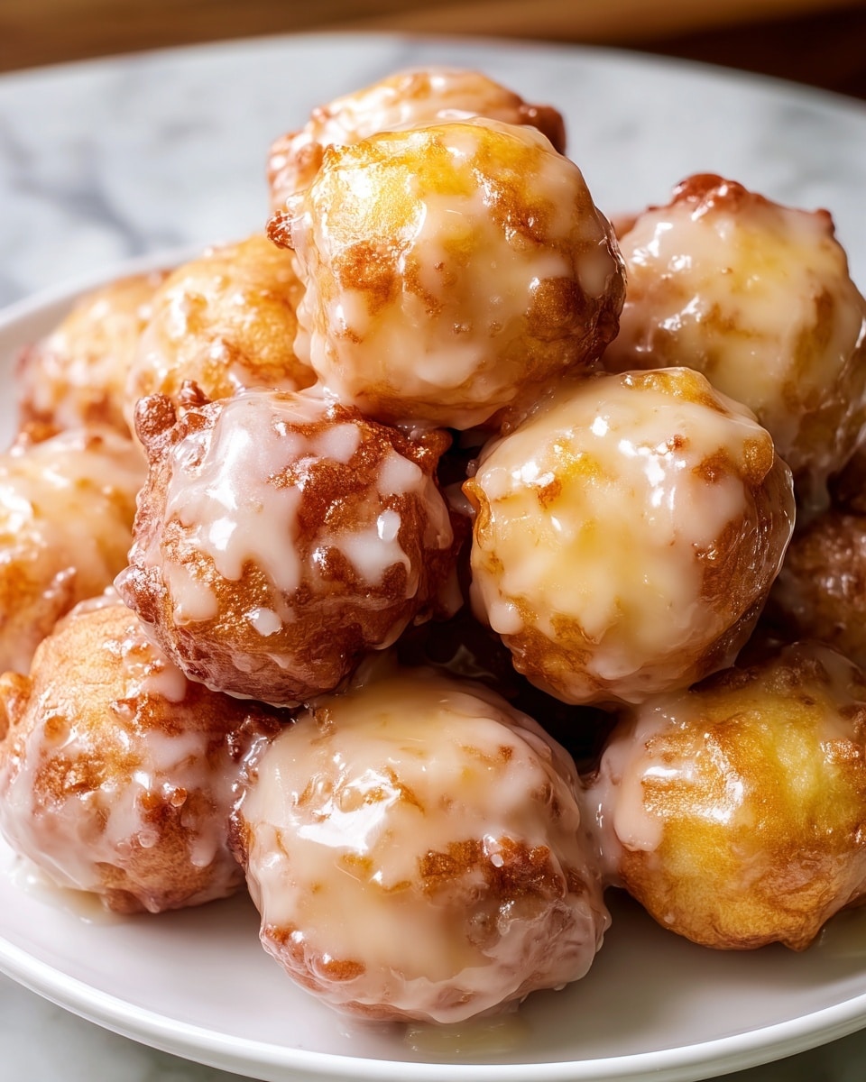 A close-up view of a white plate filled with about a dozen golden-brown fritters, each one round and slightly irregular in shape, with a crispy texture. The fritters are generously covered in a thick, shiny glaze that drips slightly down their sides, making them look sticky and sweet. The glaze gives a creamy off-white color to the top layer, contrasting with the warm, golden crust underneath. The plate sits on a white marbled surface, adding a clean and elegant background to the rich, tempting appearance of the fritters. photo taken with an iphone --ar 4:5 --v 7