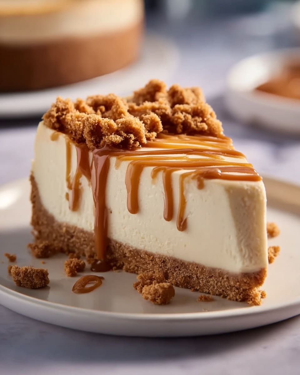 The image shows a slice of creamy cheesecake on a white plate. The cheesecake has a thick, smooth filling atop a crumbly, brown biscuit crust. The top of the cheesecake is adorned with a generous swirl of caramel or butterscotch sauce and sprinkled with crumbled biscuit pieces, adding texture and richness to the dessert. The background is softly blurred, emphasizing the delectable slice in the foreground. photo taken with an iPhone --ar 4:5 --v 7