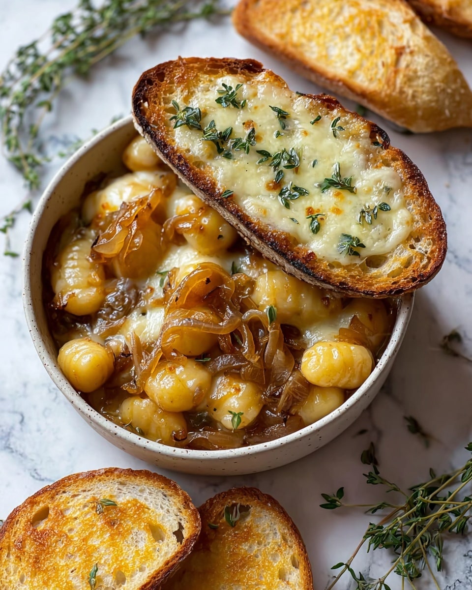 The image features a comforting bowl of gnocchi topped with caramelized onions and melted cheese, creating a rich and savory dish. Resting on the bowl is a slice of crusty toasted bread garnished with fresh herbs, likely thyme, adding an aromatic touch. Additional slices of toasted bread are placed nearby on the surface, inviting a hearty and satisfying meal. The background shows sprigs of fresh thyme, enhancing the rustic and wholesome presentation of this warm dish. photo taken with an iPhone --ar 4:5 --v 7