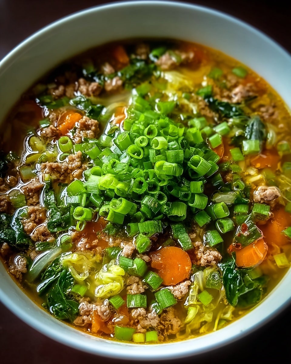 This image shows a vibrant bowl of homemade soup brimming with a colorful mix of ingredients. The broth is clear and golden, filled with chopped carrots, leafy greens, and bits of ground meat. Generous sprinkles of fresh green onions are piled in the center, adding a pop of bright color and freshness. The combination of textures and colors suggests a hearty and nutritious meal that is both comforting and visually appealing. Photo taken with an iPhone --ar 4:5 --v 7