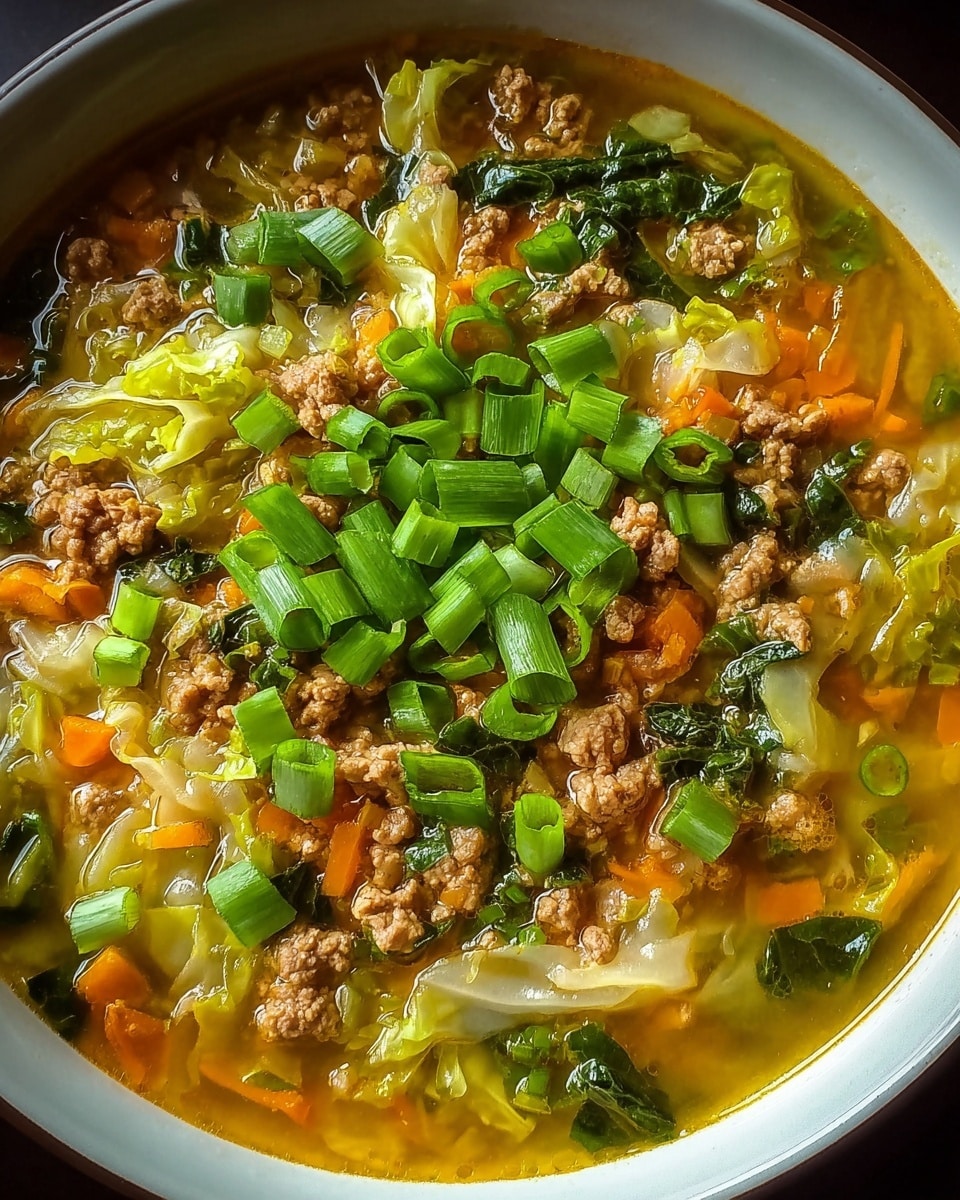 This image features a bowl of hearty soup filled with ground meat, chopped green onions, shredded carrots, and leafy cabbage in a clear, golden broth. The fresh green onions on top add a vibrant pop of color and likely provide a sharp, fresh flavor contrast to the savory meat and tender vegetables. The broth appears rich and flavorful, hinting at a well-seasoned and comforting dish perfect for a warming meal. photo taken with an iPhone --ar 4:5 --v 7