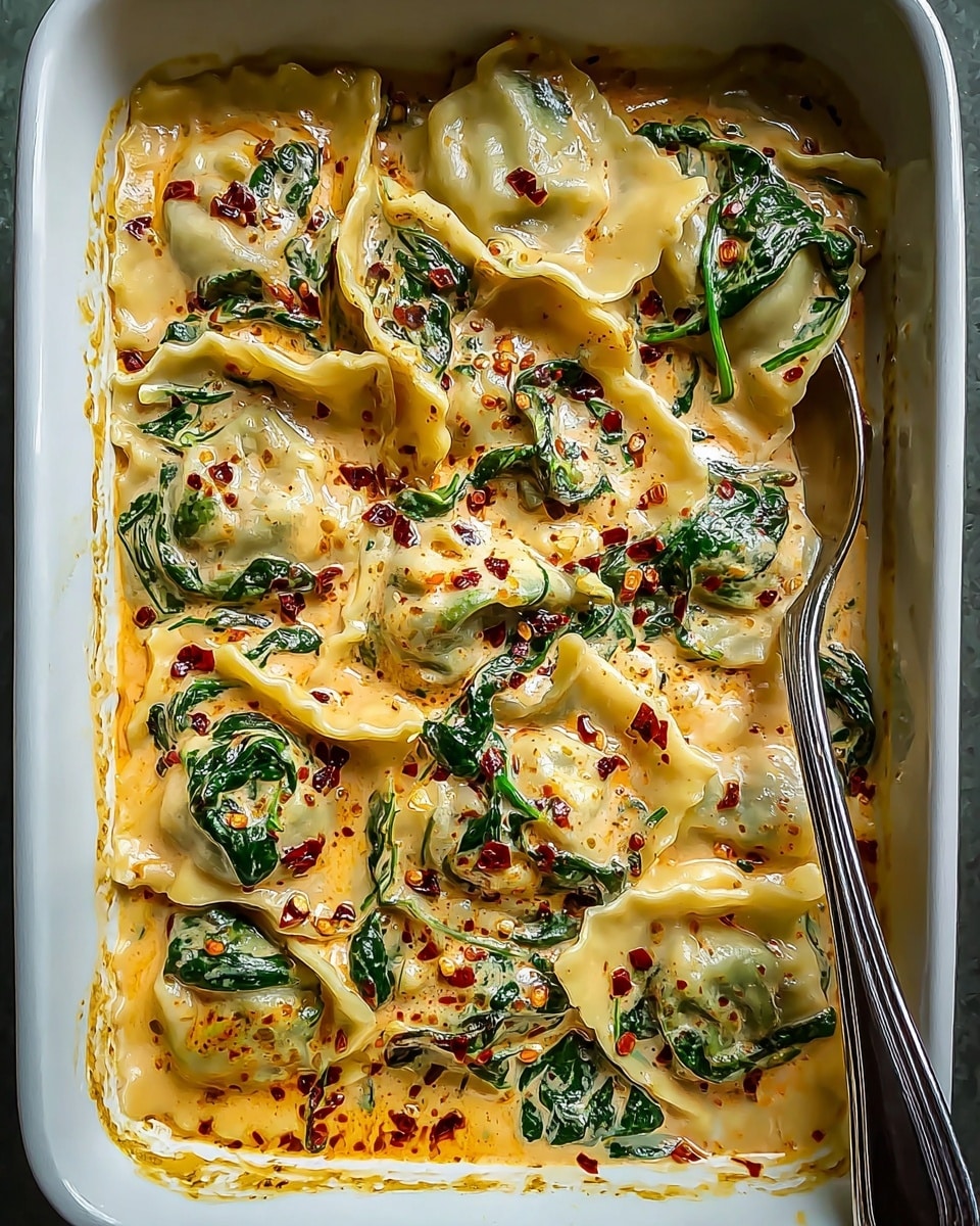 This image showcases a delicious dish of ravioli pasta bathed in a creamy, rich sauce with a hint of orange color, suggesting the presence of spices or tomato cream. Fresh spinach leaves are mixed throughout the dish, adding vibrant green color and texture, while red pepper flakes are sprinkled on top, providing a pop of red and a spicy kick. The pasta looks tender and perfectly cooked, soaking up the flavorful sauce in a white rectangular baking dish with a serving spoon placed inside. The overall presentation is appetizing and comforting. photo taken with an iPhone --ar 4:5 --v 7