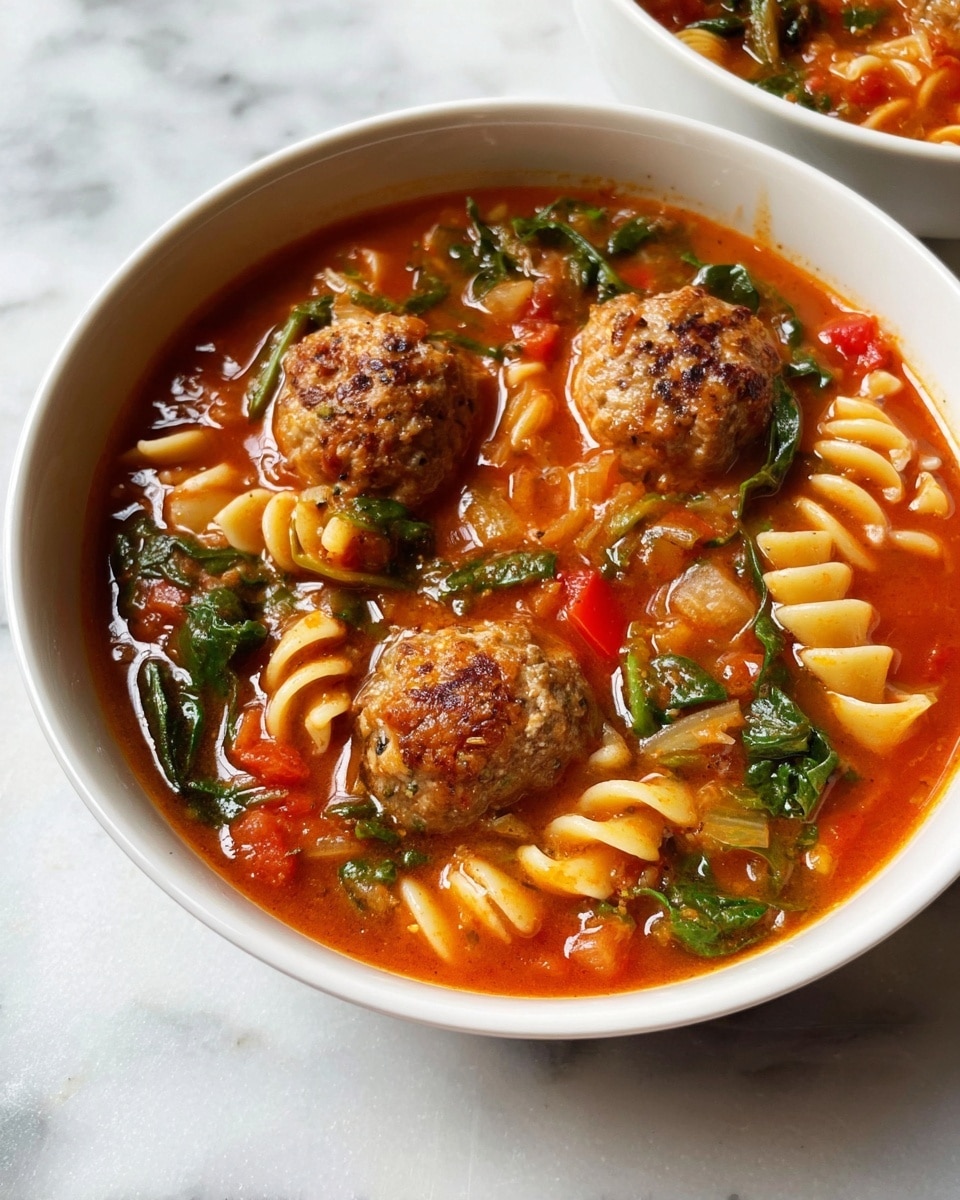 A white bowl filled with a hearty soup showing three meatballs with a slightly browned crust, floating alongside spiral pasta coated in a rich red tomato broth. The soup contains visible chunks of green leafy vegetables and small pieces of red bell pepper, all mixed in a thick, vibrant sauce with a glossy finish. The bowl sits on a white marbled surface. photo taken with an iphone --ar 4:5 --v 7