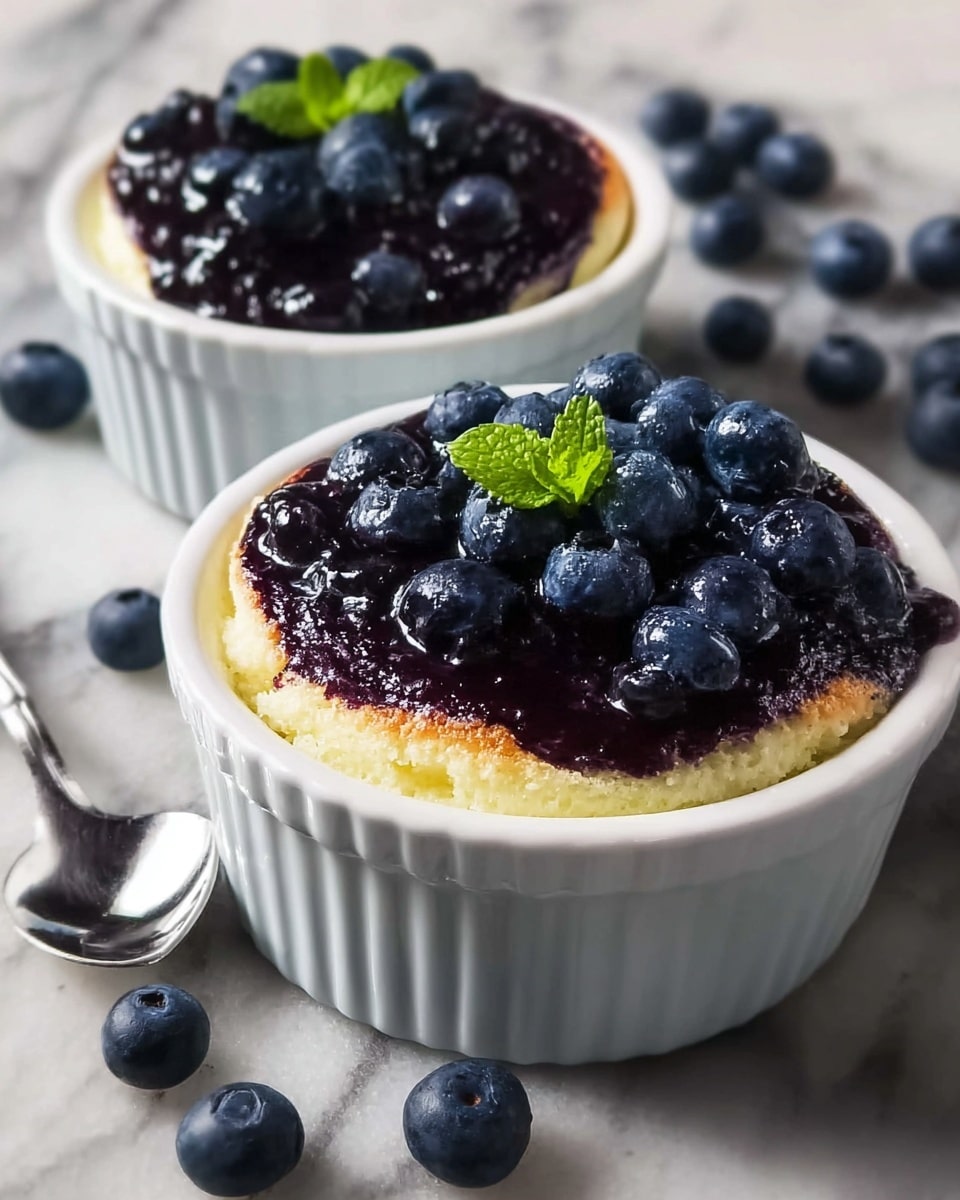 Two white ceramic ramekins hold blueberry soufflés arranged on a white marbled surface. Each soufflé has a bottom layer of soft, creamy light yellow cake with a slightly browned, fluffy top edge. This is topped with a thick layer of dark purple blueberry sauce that looks juicy and syrupy. On top of this, there is a generous pile of fresh whole blueberries that are deep blue in color and glistening with moisture. One soufflé is garnished with a small green mint leaf in the center. A silver spoon lies beside the ramekins with a few loose blueberries scattered around. Photo taken with an iphone --ar 4:5 --v 7
