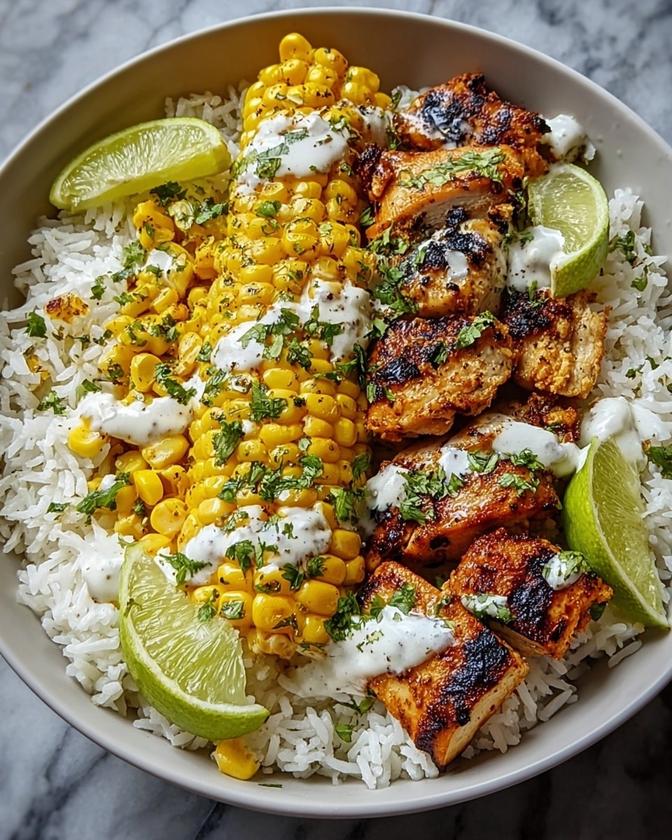 A white bowl contains a dish with three main layers, arranged side by side. The bottom layer is a bed of fluffy white rice, filling the entire bowl. On one side, there is bright yellow grilled corn with slight charring and scattered green herbs on top. In the center and opposite side, there are pieces of golden-brown grilled chicken with char marks and herbs sprinkled over them. Both the corn and chicken are drizzled with a white creamy sauce, and there are two lime wedges placed on the edges of the rice. The bowl is set on a white marbled surface. photo taken with an iphone --ar 4:5 --v 7