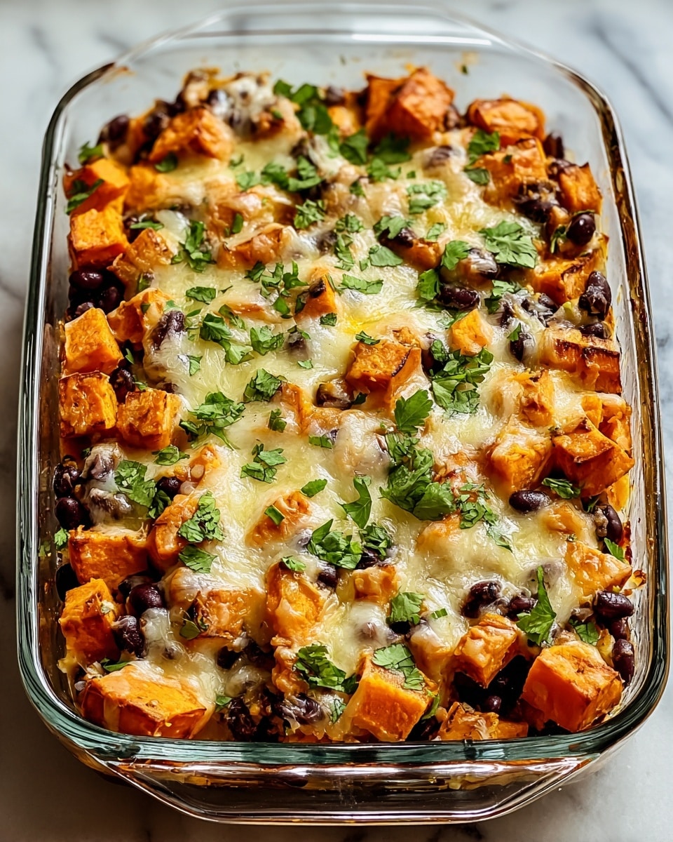 A clear glass rectangular baking dish filled with a colorful casserole showing two main layers: the bottom layer made of soft, cubed orange sweet potatoes mixed with black beans scattered evenly, and the top layer covered in melted pale yellow cheese sprinkled with small green cilantro leaves. The cheese appears gooey and lightly browned in some spots, blending gently with the sweet potatoes and beans underneath. The dish is placed on a white marbled textured surface. photo taken with an iphone --ar 4:5 --v 7