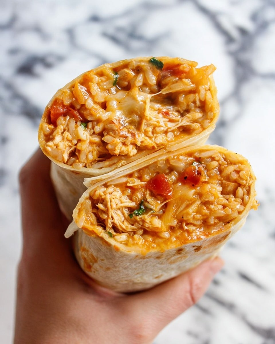 A close-up of a woman's hand holding two halves of a burrito stacked vertically. The burrito has a soft, light beige tortilla wrap on the outside. Inside, there are several layers: a bottom layer of cooked rice with a yellow-orange tint mixed with small diced tomatoes and green herbs, a middle layer of shredded chicken in a similar orange sauce, and a top layer of melted cheese stretching slightly between the halves. The filling looks moist and textured, showing bits of sauce coating everything. The background is a white marbled surface. photo taken with an iphone --ar 4:5 --v 7