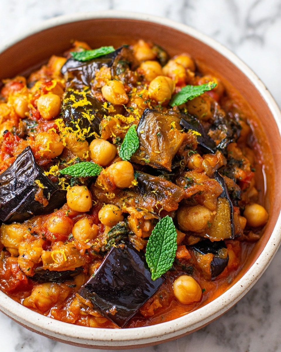 A close-up of a cooked dish in a white bowl shows a rich mix of ingredients. The base layer is a thick tomato sauce with a deep orange-red color and soft texture. Sitting on top are plump, golden chickpeas scattered throughout. Large pieces of cooked eggplant with dark purple skin and a soft, slightly browned interior are layered among the chickpeas. Garnished on the surface are small pieces of fresh green mint leaves and fine yellow lemon zest, adding texture and contrasting colors. The bowl rests on a surface with a white marbled texture. photo taken with an iphone --ar 4:5 --v 7