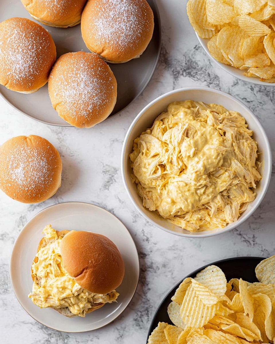 The image shows shredded chicken mixed with creamy yellow sauce in a white bowl filled to the top, positioned in the upper right corner. Around the bowl, there are five soft sandwich buns with powdered sugar on top, four arranged closely at the top left corner and one on a small white plate at the bottom center, filled with the creamy chicken mixture. There is also a white plate near the bottom left corner holding one sandwich filled with the chicken mixture and a pile of crinkled yellow potato chips on the side. Another sandwich with chips lies on a black plate at the right side of the image, slightly overlapping the edge. The background is a white marbled texture. Photo taken with an iphone --ar 4:5 --v 7