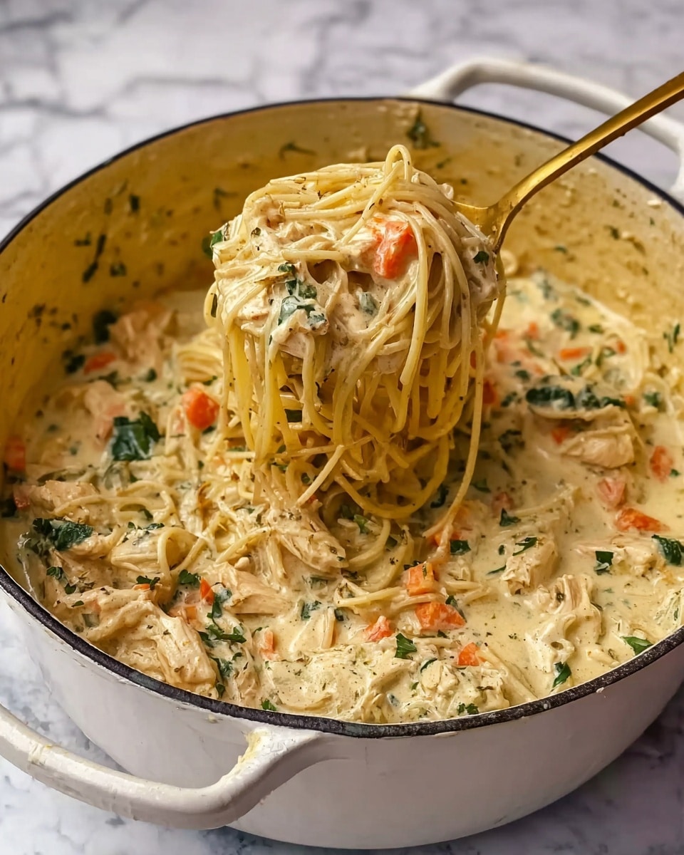A close-up image of creamy chicken and vegetable pasta inside a large white pot with handles on each side. The dish has several layers: the base layer is a rich, off-white creamy sauce with visible flecks of herbs, mixed throughout with pieces of tender white chicken, bright orange carrot slices, and bits of green leafy herbs. A gold spoon lifts a generous portion of long, thin spaghetti noodles coated in the sauce, displaying the mix of creamy texture and colorful ingredients. The pot sits on a white marbled surface, adding a clean and simple background to the warm, hearty meal. Photo taken with an iphone --ar 4:5 --v 7