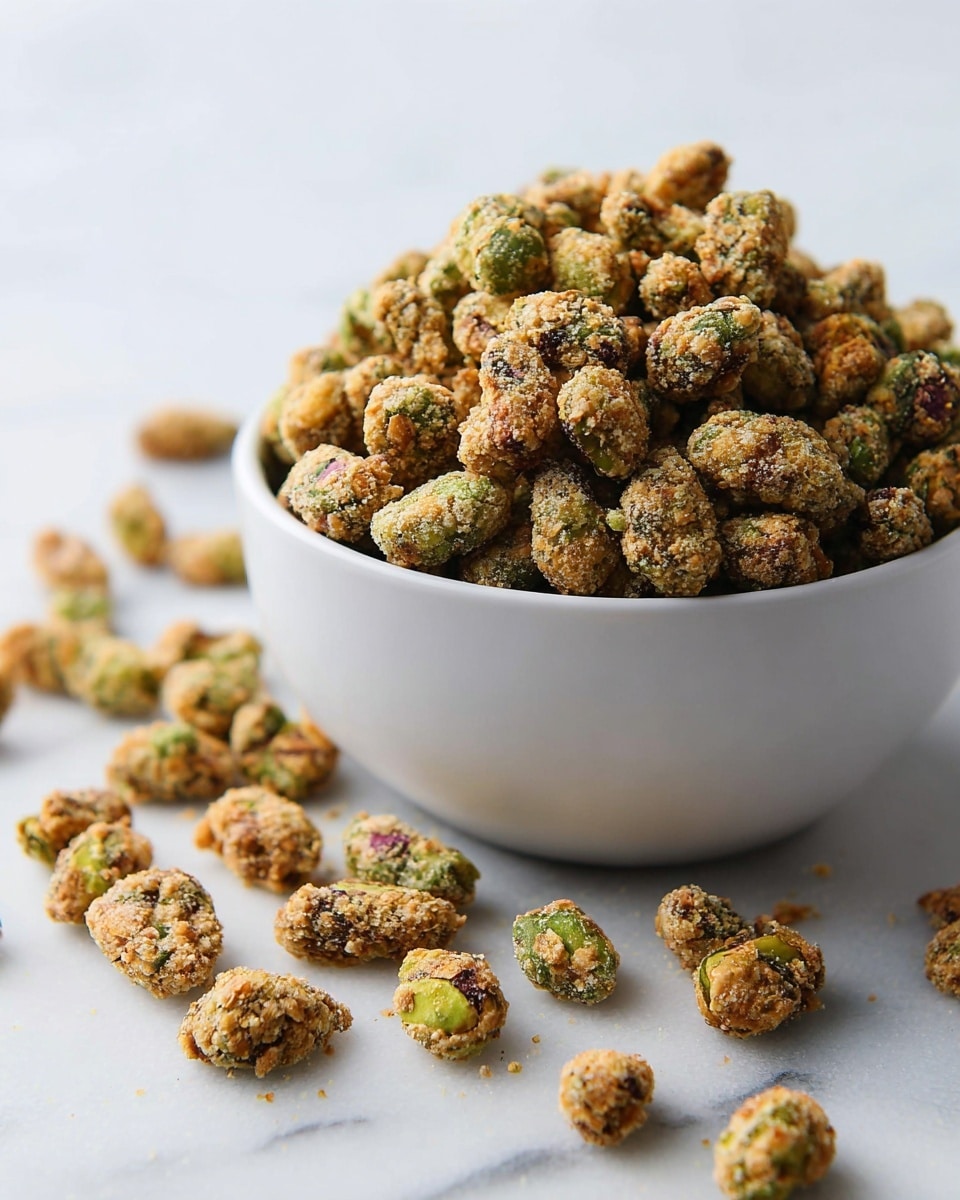 A white bowl filled with crispy coated pistachio nuts piled high, showing a mix of green and light brown colors with a rough textured coating, some coated nuts are scattered around the bowl on a white marbled surface, emphasizing the crunchy look and the uneven coating on each nut, photo taken with an iphone --ar 4:5 --v 7