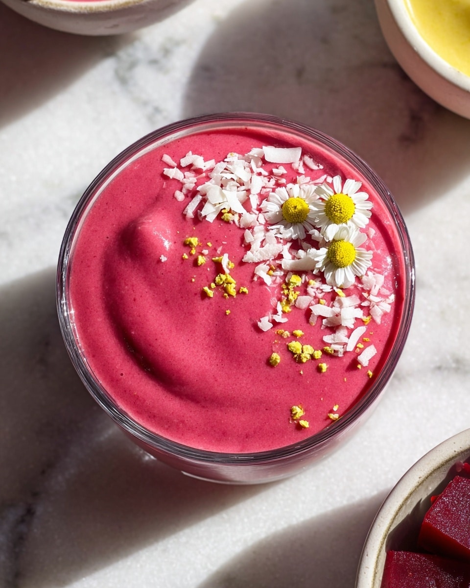 A clear glass is filled with one thick, creamy layer of bright pink smoothie, appearing smooth and velvety. On top, there are small white shredded coconut pieces scattered with a few tiny yellow bee pollen granules and three small white chamomile flowers with yellow centers placed delicately on the right side. The glass sits on a white marbled surface with soft natural light casting shadows, and parts of other bowls containing light yellow puree and deep red beet cubes are visible around the edges. photo taken with an iphone --ar 4:5 --v 7
