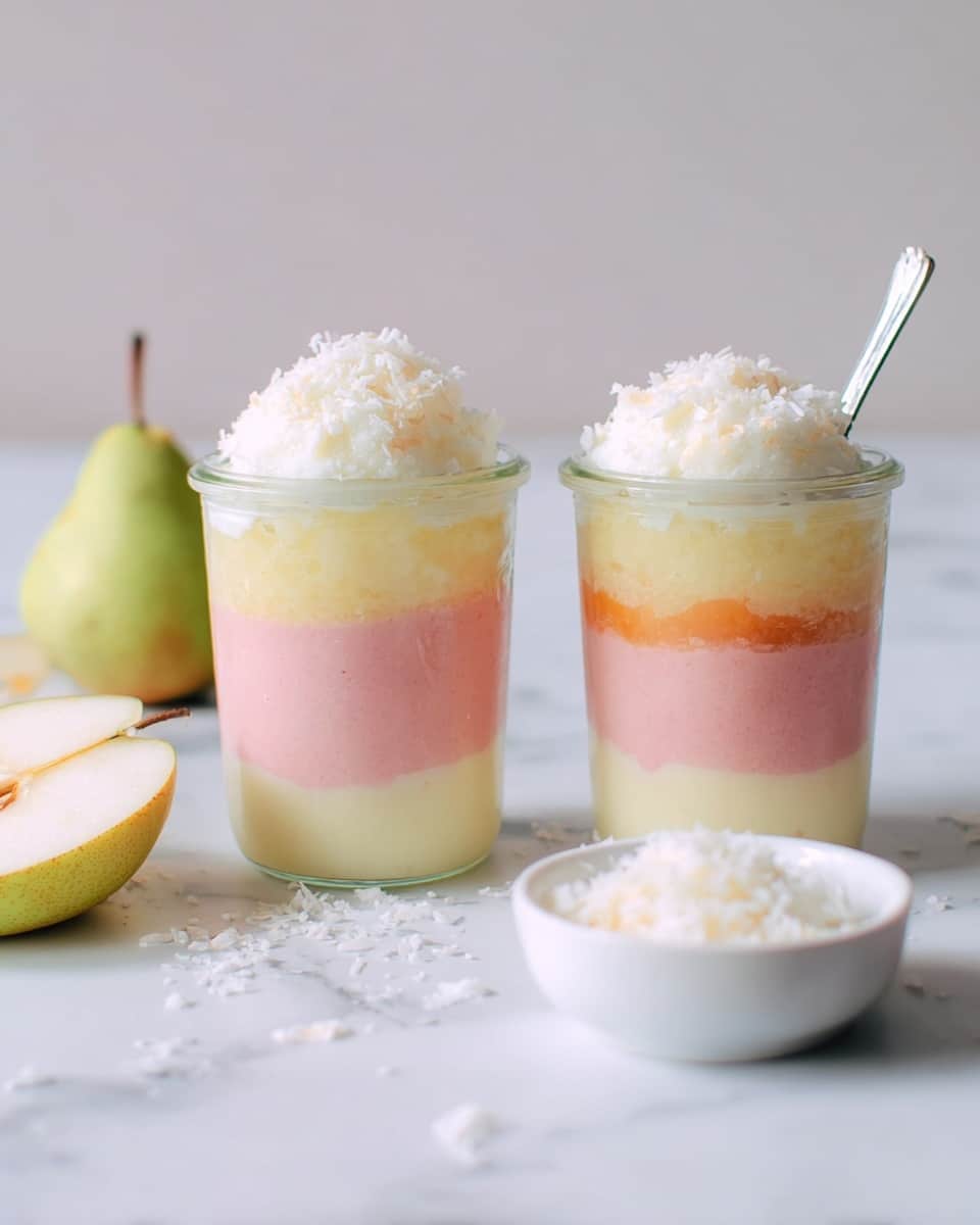 Two clear glass jars stand side by side on a white marbled surface. Each jar has three visible layers: a thick, pale yellow bottom layer, a middle pink layer blending into a small orange section on one side, and a fluffy white top layer sprinkled with white flakes. The jar on the right has a silver spoon sticking out from the top. To the right of the jars, there is a small white bowl filled with white flakes, and to the left, a halved pear with light green skin lies flat. Photo taken with an iphone --ar 4:5 --v 7