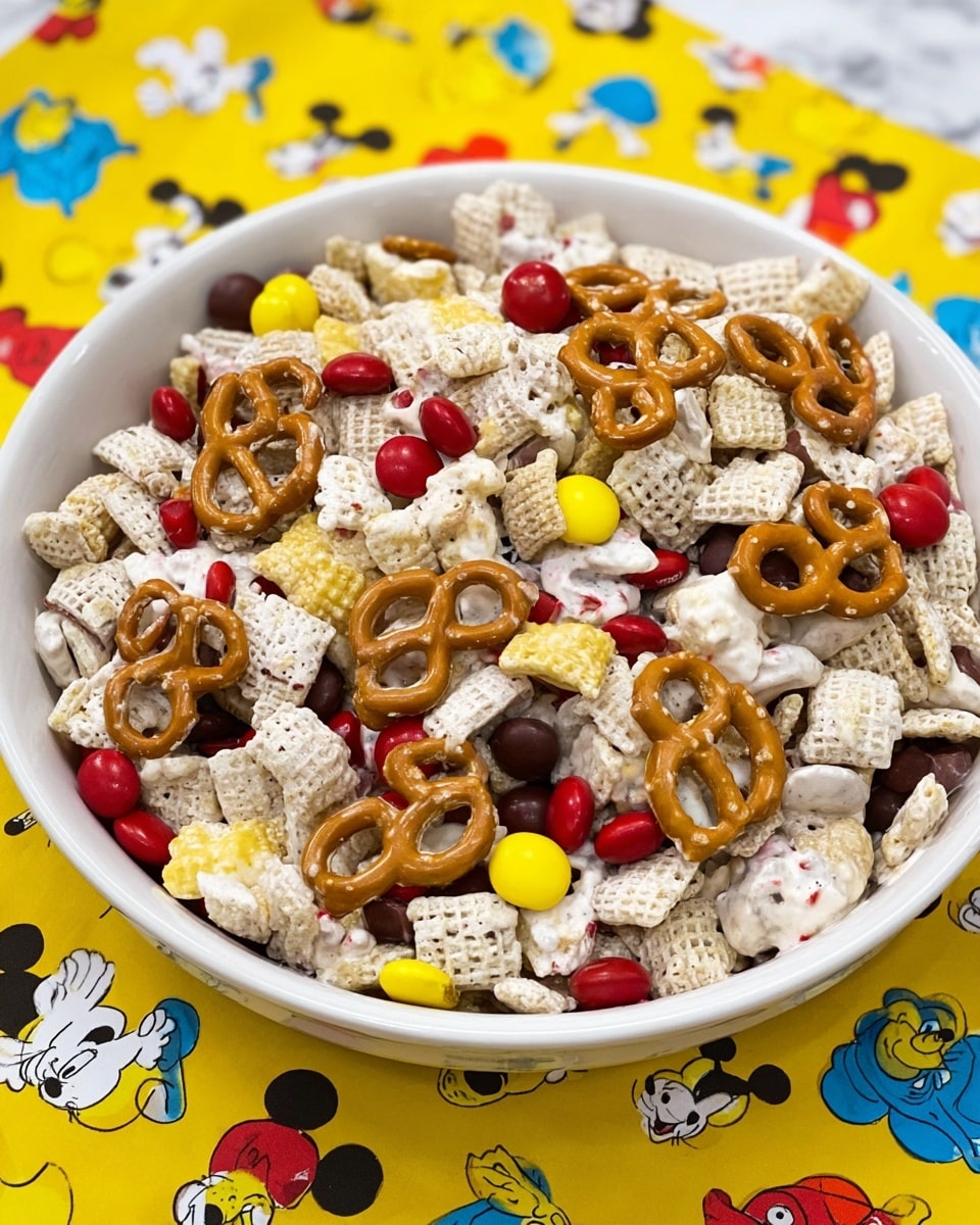 A large white bowl filled with a colorful mix of snack items is shown on a yellow tablecloth with cartoon shapes. The snack mix includes multiple layers: the base layer has small, square and ring-shaped cereal pieces coated in a white creamy layer with a slightly rough texture. Scattered throughout are small, round red, yellow, and brown candy-coated chocolates that add bright spots of color. On top of this are smooth, shiny honey-brown pretzels shaped like a familiar mouse silhouette, adding a crunchy texture and a warm shade. The bowl is placed on a white marbled surface. photo taken with an iphone --ar 4:5 --v 7
