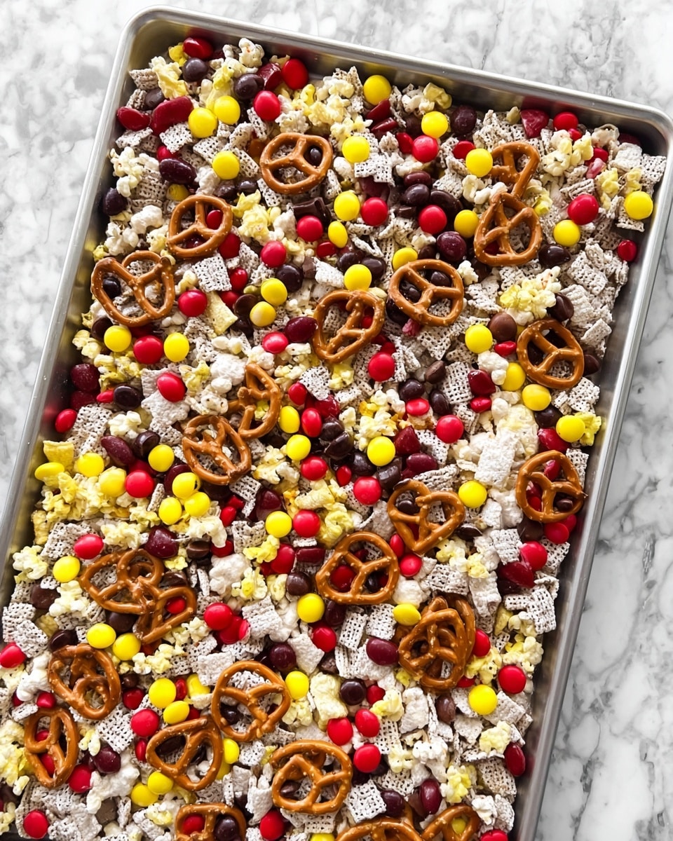 A large baking tray filled with a colorful snack mix showing many layers of small, white, square and looped cereal pieces coated with a light white substance. Scattered on top are medium-sized round candies in bright red, yellow, and dark brown colors along with small round yellow and red candy pieces. Intermixed throughout the composition are golden brown pretzels with a twisted shape. The tray is placed on a white marbled surface. Photo taken with an iphone --ar 4:5 --v 7