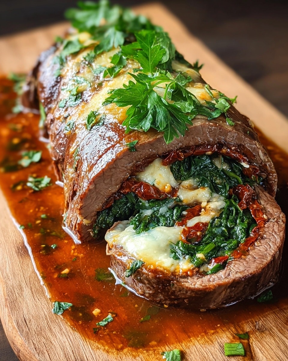 The image shows a rolled beef steak stuffed with layers of cooked spinach and sun-dried tomatoes, topped with melted and slightly browned cheese, garnished with fresh green parsley leaves on top. The beef roll rests on a wooden board, bathed in a rich brown sauce with bits of herbs sprinkled around. The combination of the tender brown meat, vibrant green spinach, deep red tomatoes, and creamy white cheese creates a colorful and appetizing dish. photo taken with an iphone --ar 4:5 --v 7