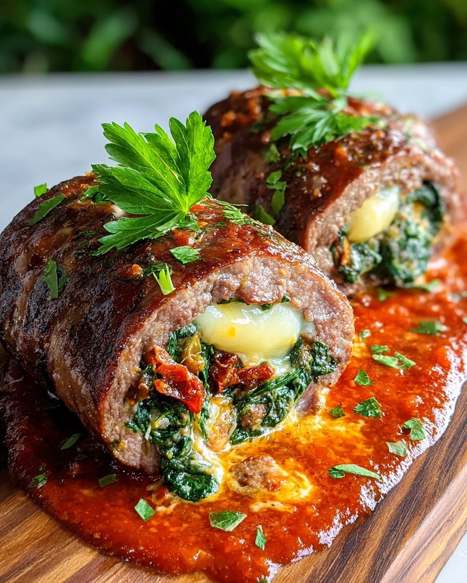 Two thick meat rolls are placed on a wooden board covered in glossy red tomato sauce with small green herb pieces scattered around. Each roll is stuffed with bright green spinach and sun-dried red tomatoes, with melted pale yellow cheese melting over the top. The meat is browned and seared on the outside, showing a pinkish-brown inside where cut. Fresh green parsley leaves are placed on top for garnish. The background is blurred greenery with a white marbled texture surface underneath. Photo taken with an iphone --ar 4:5 --v 7