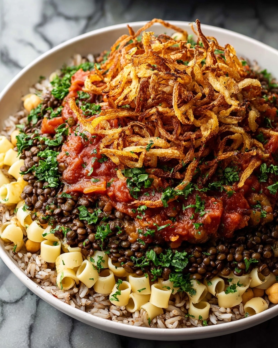 A large white bowl holds a colorful layered dish starting with a base layer of light brown rice, topped with a thick layer of dark green lentils. Above the lentils, there is a layer of pale yellow curved pasta tubes, with bright red tomato sauce and chickpeas scattered unevenly over the noodles. The top layer consists of crispy golden brown fried onion strings sprinkled with fresh green chopped herbs. The whole dish sits on a white marbled surface, with some lentils slightly spilling over the rice. photo taken with an iphone --ar 4:5 --v 7