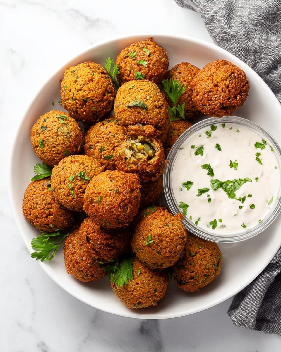 A white bowl filled with about fifteen golden-brown falafel balls, each with a rough, crispy texture and sprinkled with green parsley leaves, arranged partly around a small clear glass bowl of creamy white dipping sauce also topped with small parsley bits, all placed on a white marbled surface with a gray cloth partially visible in the top right corner, photo taken with an iphone --ar 4:5 --v 7