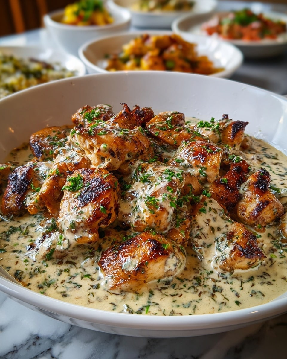 A white bowl filled with grilled chicken pieces, each piece browned with a slight char and coated in a creamy white sauce speckled with green herbs, giving a rich texture. The chicken sits piled in the center, with the sauce pooling lightly around the base, and finely chopped green herbs scattered on top, adding fresh color contrast. The bowl is on a white marbled surface, and in the blurred background, there are other white dishes with different foods adding depth to the image. photo taken with an iphone --ar 4:5 --v 7