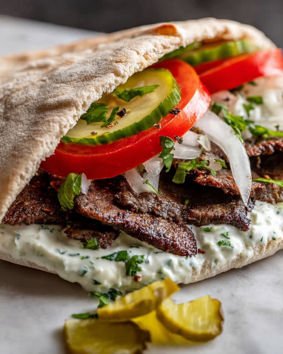The image shows a close-up of a folded pita sandwich on a white marbled surface, filled with four distinct layers. The bottom layer is smooth, creamy white sauce with green herbs mixed in. On top of this is a layer of dark brown, well-cooked grilled meat slices with a slightly crispy texture. Above the meat are thinly sliced white onions mixed with chopped green herbs and a few black pepper flakes. The top layer has bright red tomato slices and green pickle slices, adding pops of color. In front of the sandwich are a few pickle slices and tomato pieces scattered on the surface. The sandwich bread is pale beige with a slightly rough texture. photo taken with an iphone --ar 4:5 --v 7